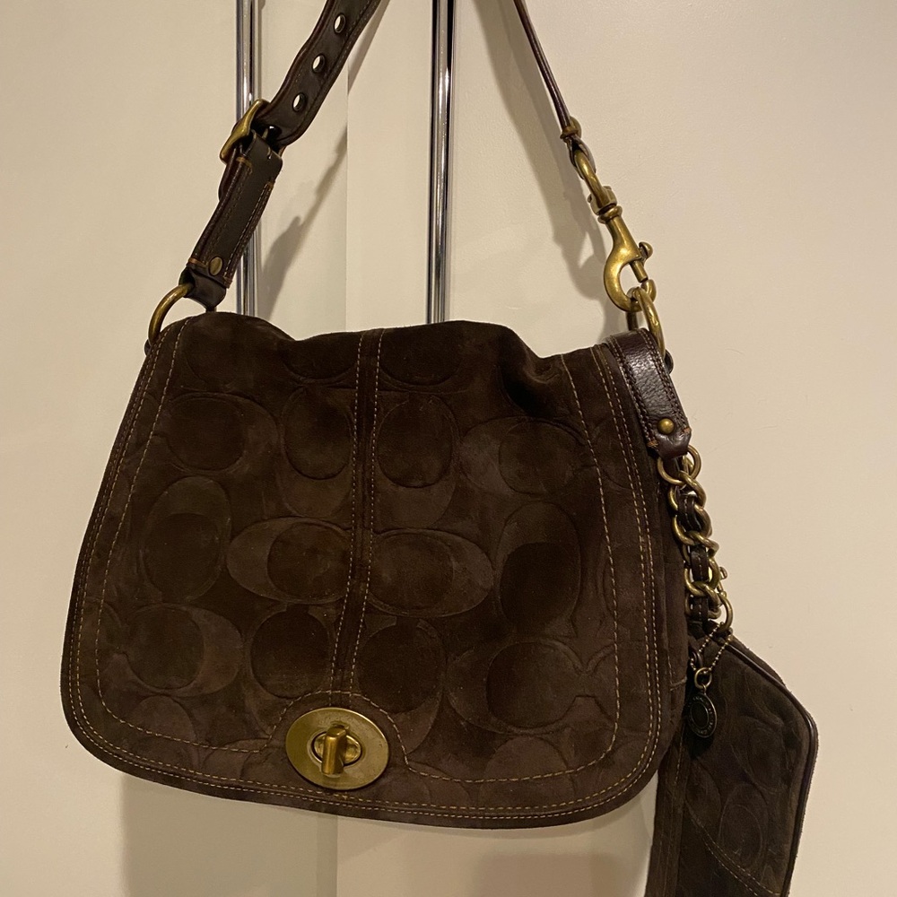 NOT FOR SALE———-Coach Dark Brown Suede Legacy 65th Bag and Wristlet